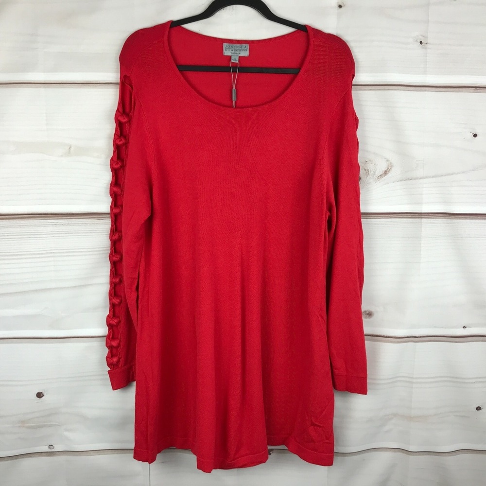 Joseph A Sweater Womens 1X Red Lattice-Sleeve Scoop Neck Pullover Tunic‎ Solid
